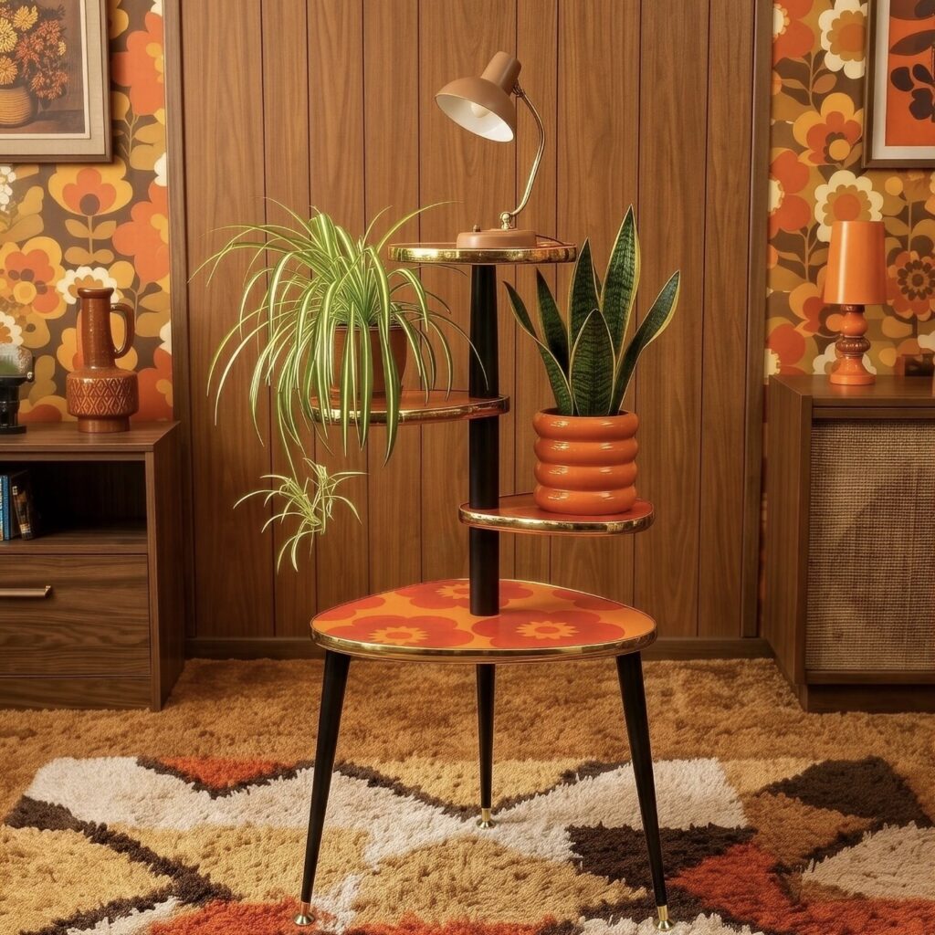 1970s-style tiered plant stand with royalexe laminate top and tapered beech legs, a staple in retro interior design