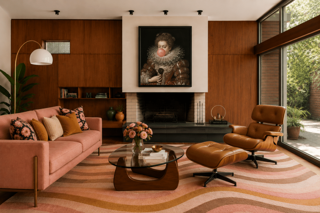 Modern retro living room with blush sofa, Eames lounge chair in tan leather, Noguchi coffee table and wave rug in blush and mustard tones