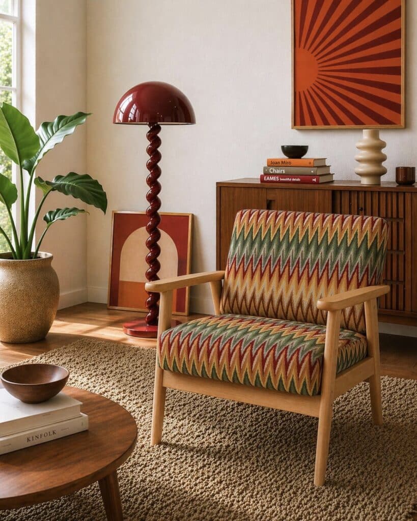 Mid-century modern lounge chair with 1970s zigzag chevron pattern in terracotta, sage and mustard