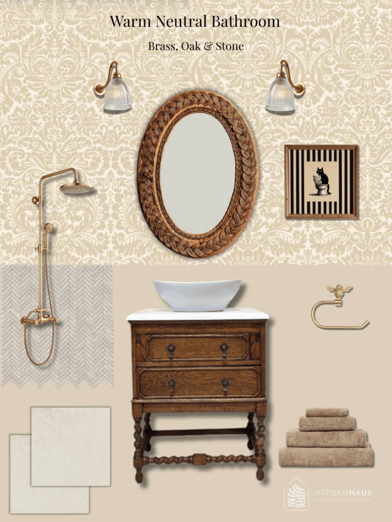 Warm neutral bathroom mood board with beige floral wallpaper, brass shower and ribbed sconces, oval rattan mirror, oak vanity with white vessel basin, herringbone tile and limestone floor.