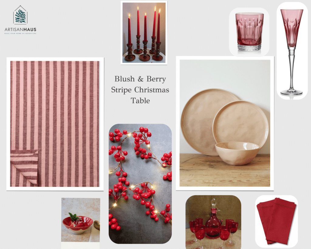 Christmas table setting ideas moodboard with a blush striped Christmas table runner, red candles, berry centrepiece, neutral plates, pink glassware and festive red napkins.