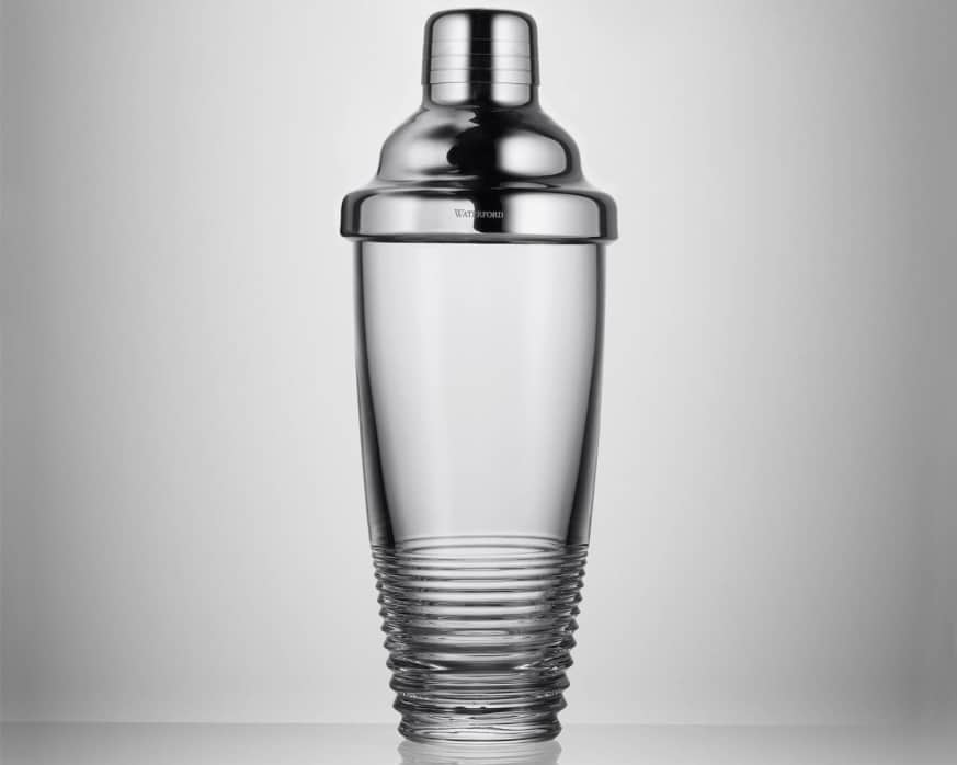 Waterford Circon crystal cocktail shaker on a bar tray