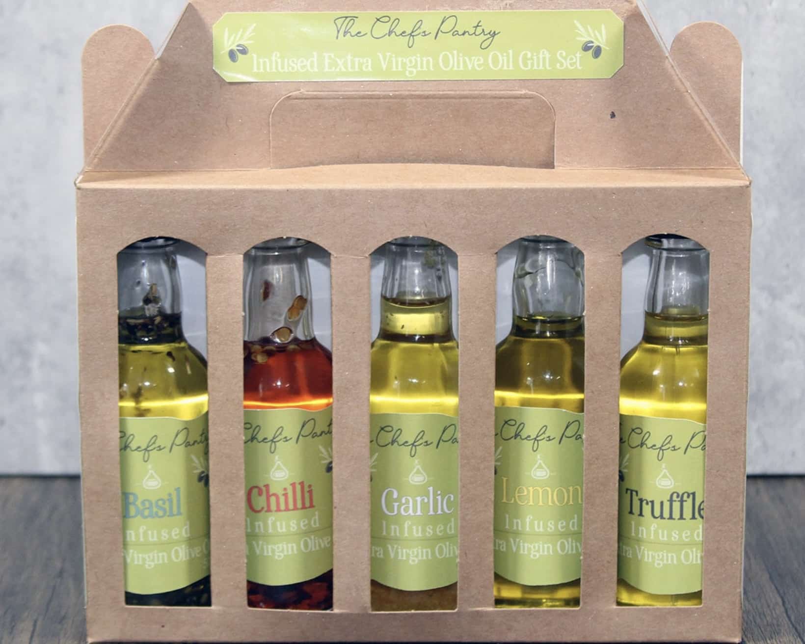 Infused olive oil gift set in a kraft card carrier