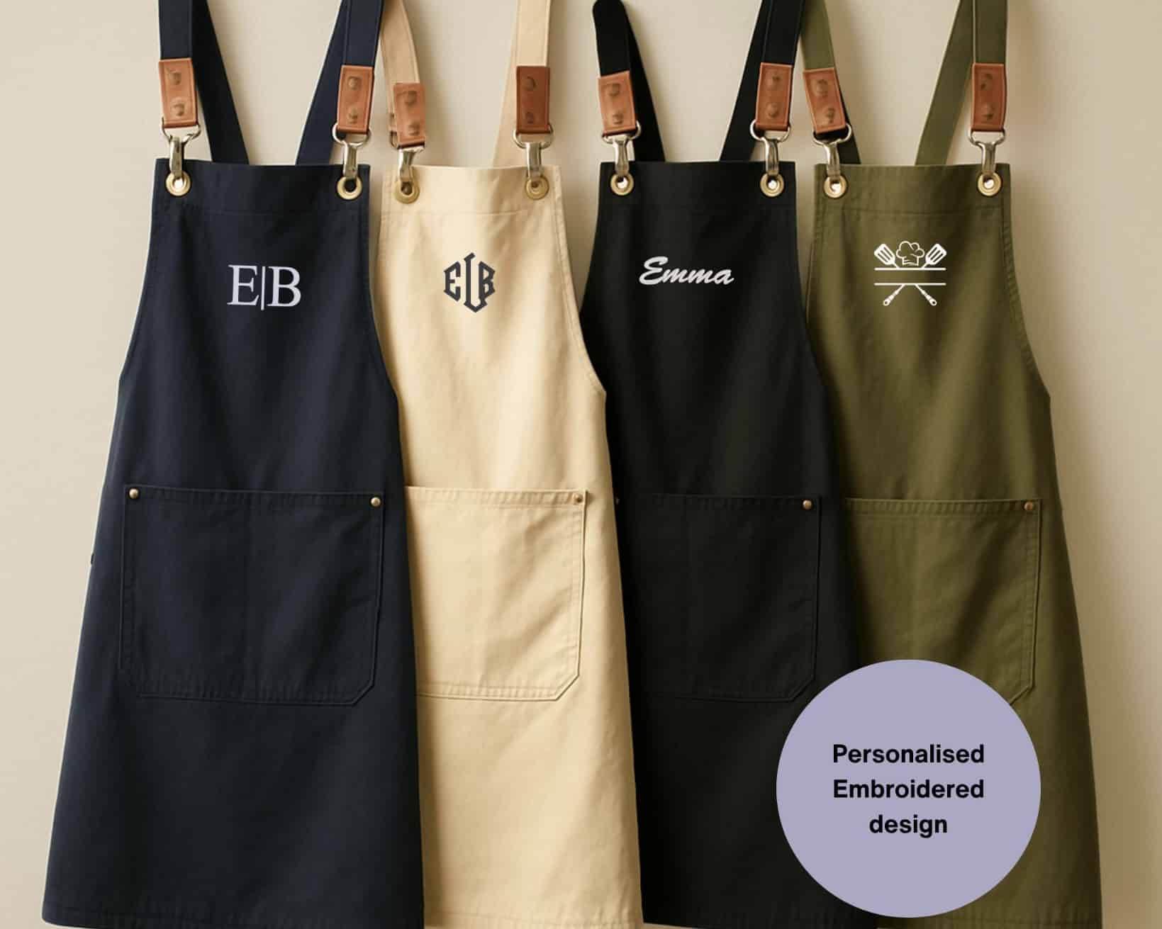 Personalised embroidered apron with pockets and leather straps