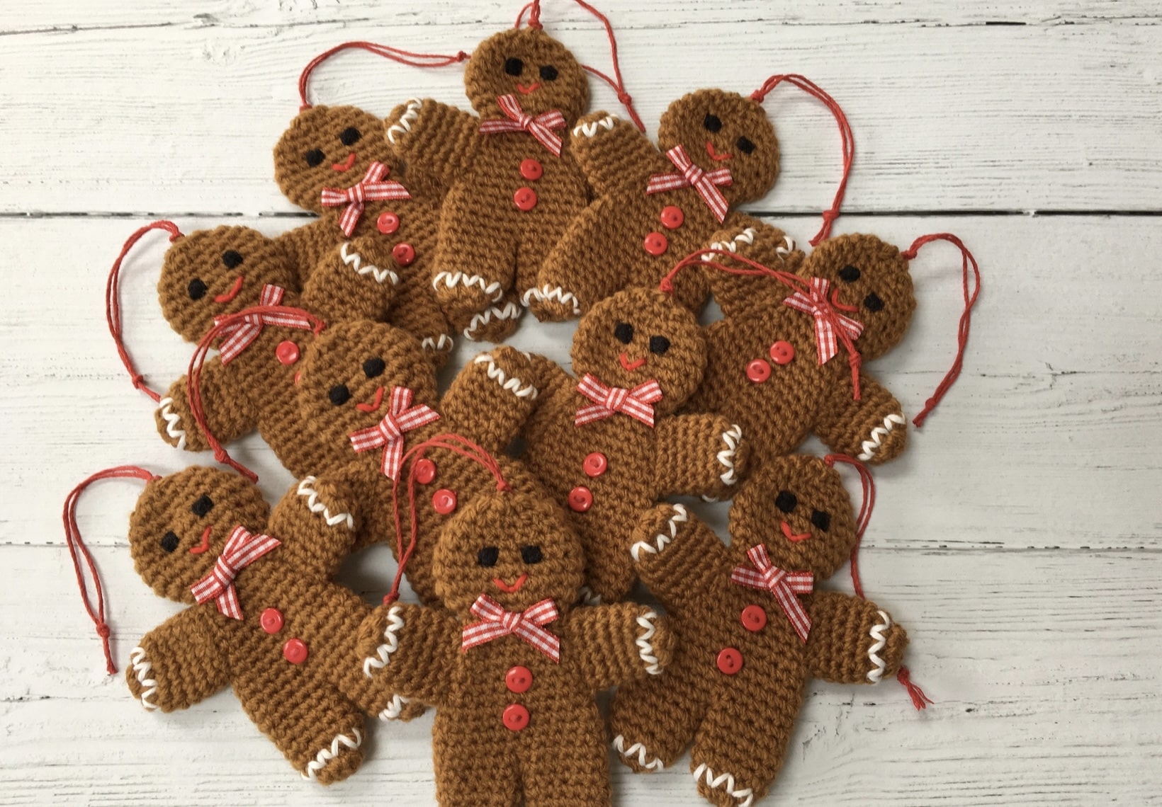 Crochet gingerbread man Christmas ornaments with bows