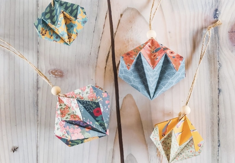 Origami diamond hanging decorations in colourful prints