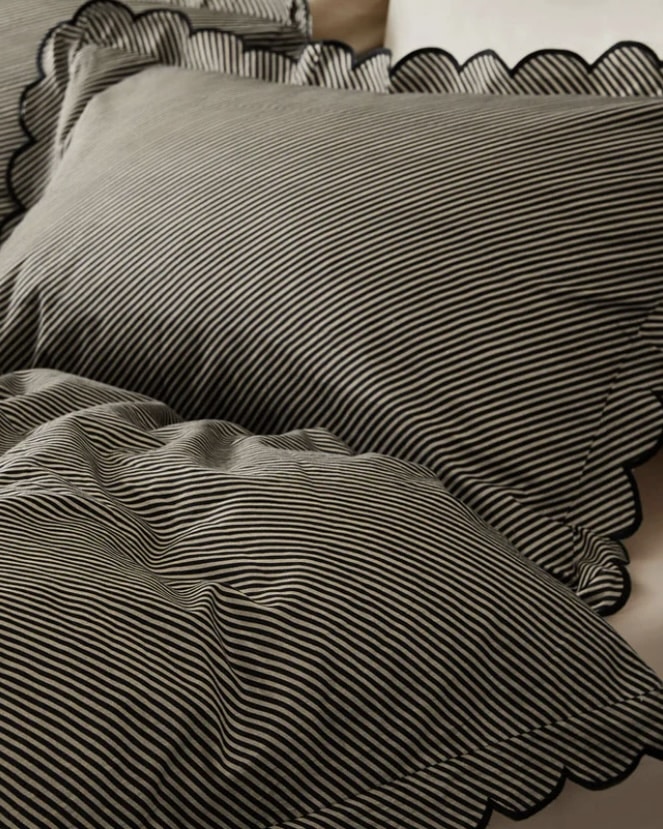 Black Pencil Stripe Scalloped Edge Bedding Set