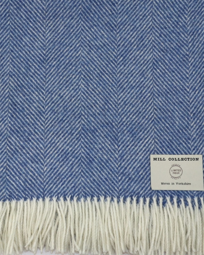 Peacock blue herringbone wool throw by TheCushionHouseUK