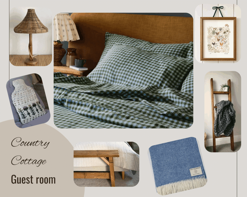 Country cottage guest room ideas moodboard with green gingham bedding, wooden bench and wool throw – how to decorate a guest room and make it cosy for Christmas visitors