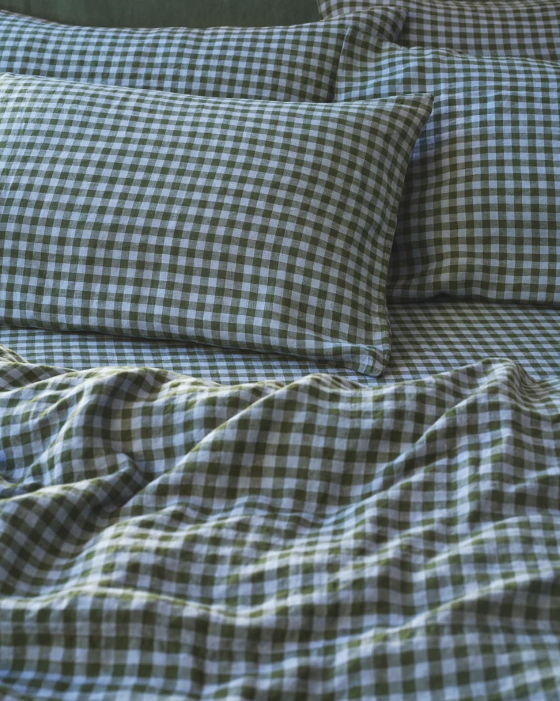 Fern green and dusk blue gingham bedding set from Piglet in Bed