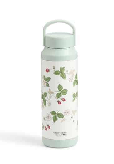 Wedgwood Wild Strawberry insulated bottle in soft green with berry motif