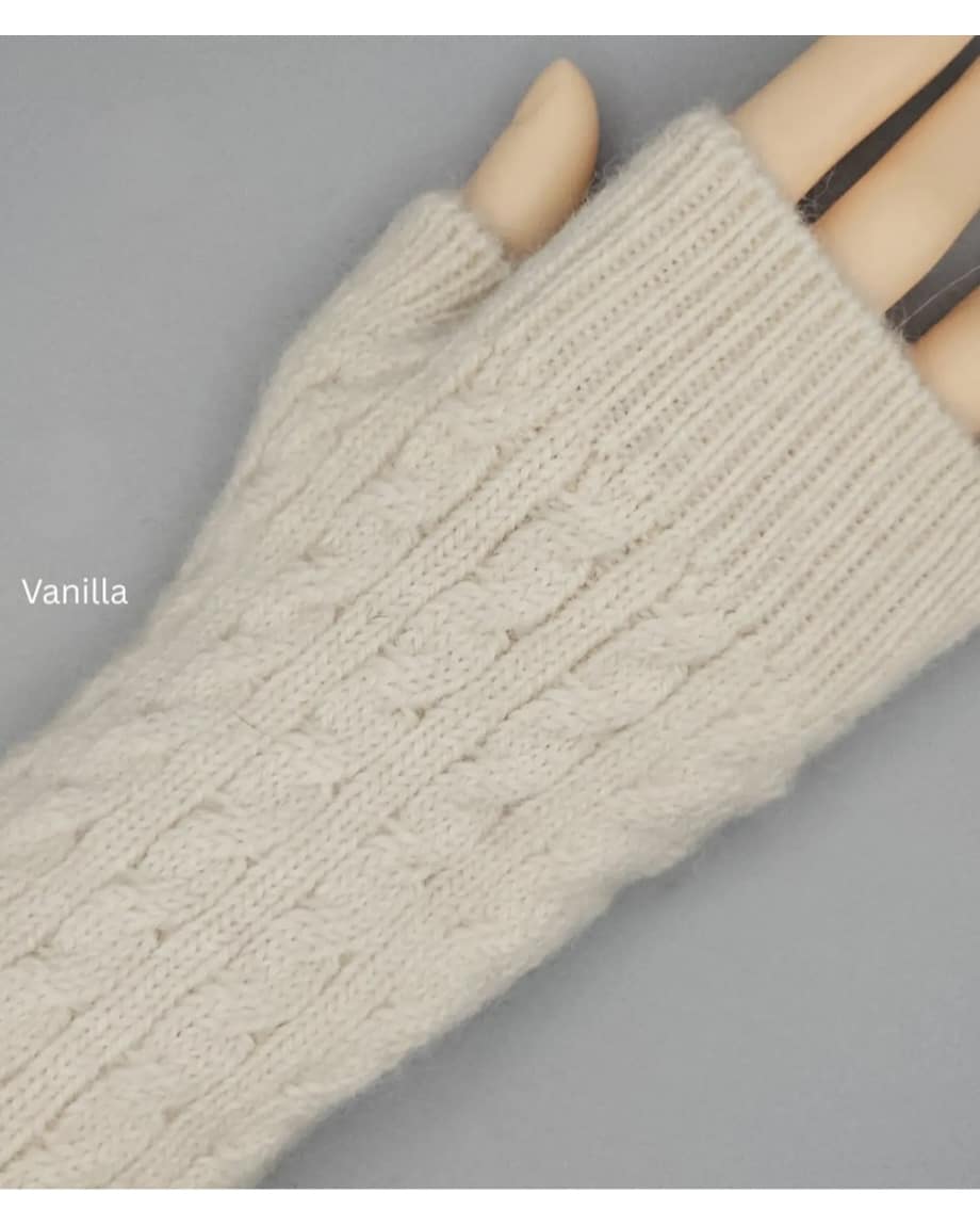 Cream alpaca wool wrist warmers with cable knit pattern