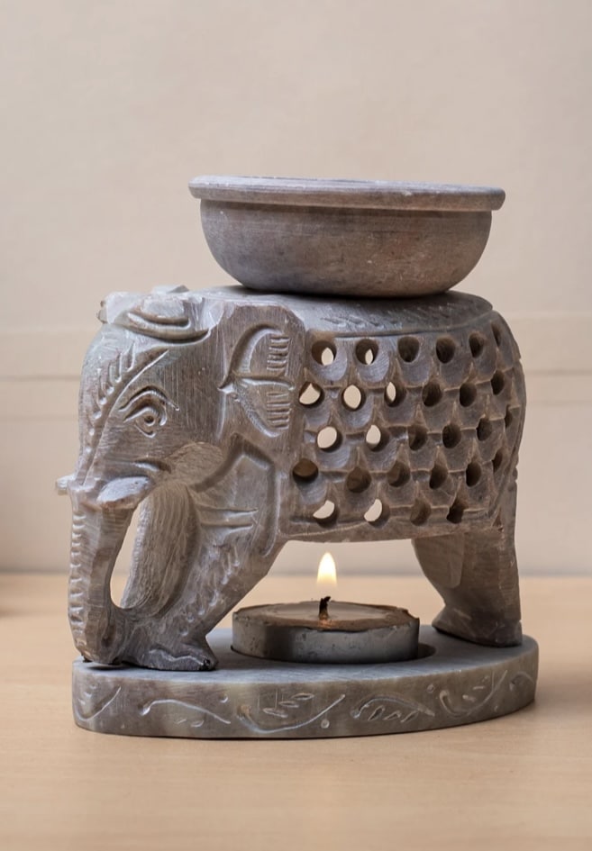 Hand-carved stone elephant oil burner with tealight