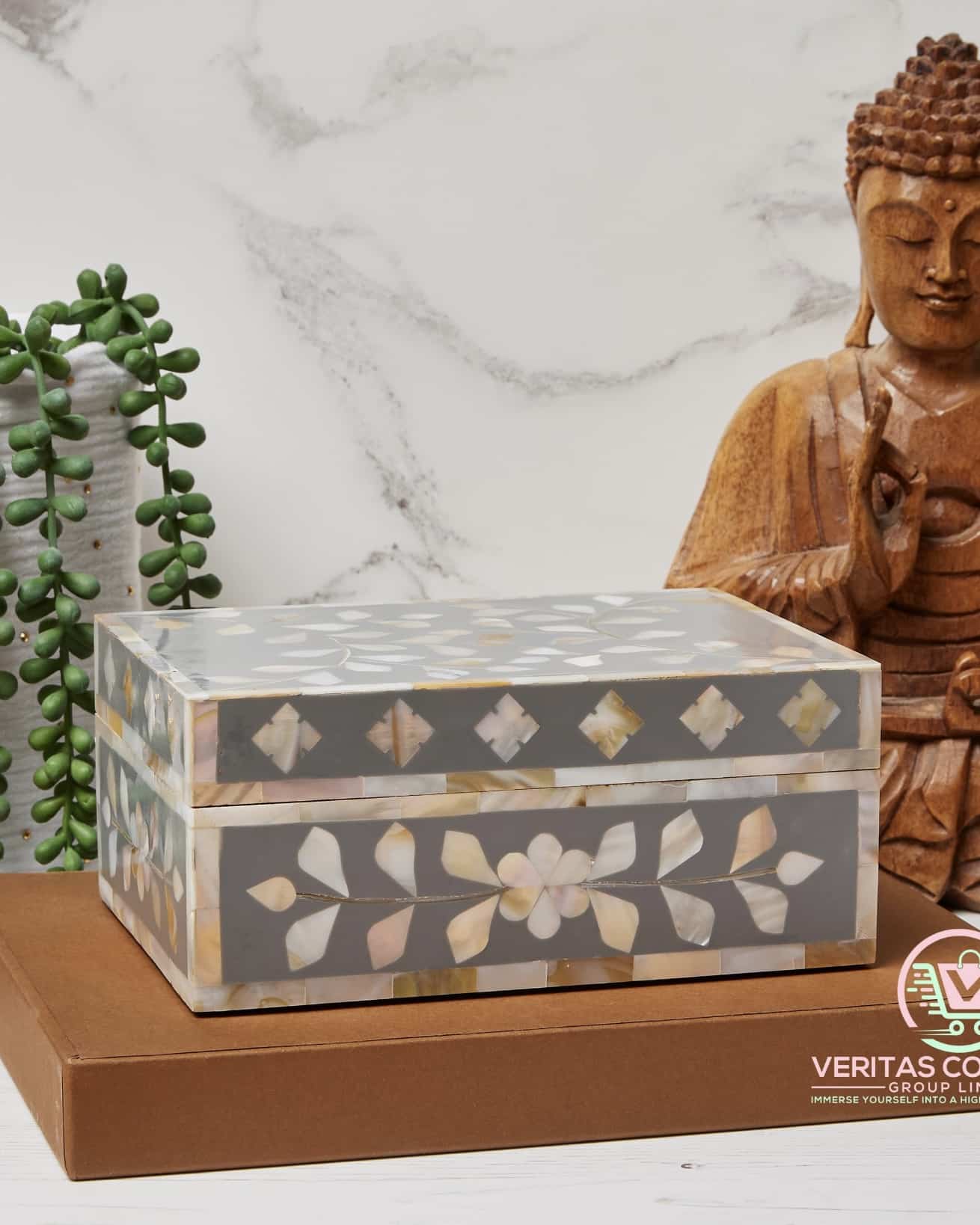 Grey and mother of pearl inlay jewellery box with floral pattern