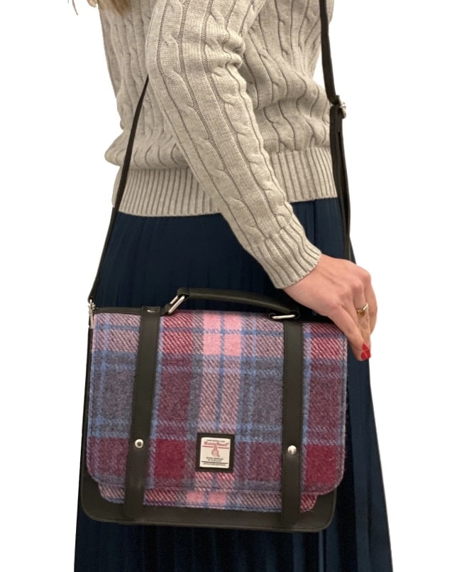 Pastel pink and plum Harris Tweed crossbody work bag