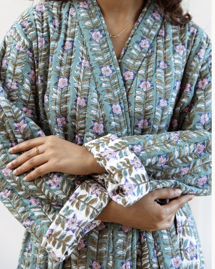 Green luxury quilted block-print robe with floral pattern