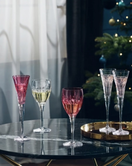 Pink Waterford Winter Wonders champagne flute styled on a festive table