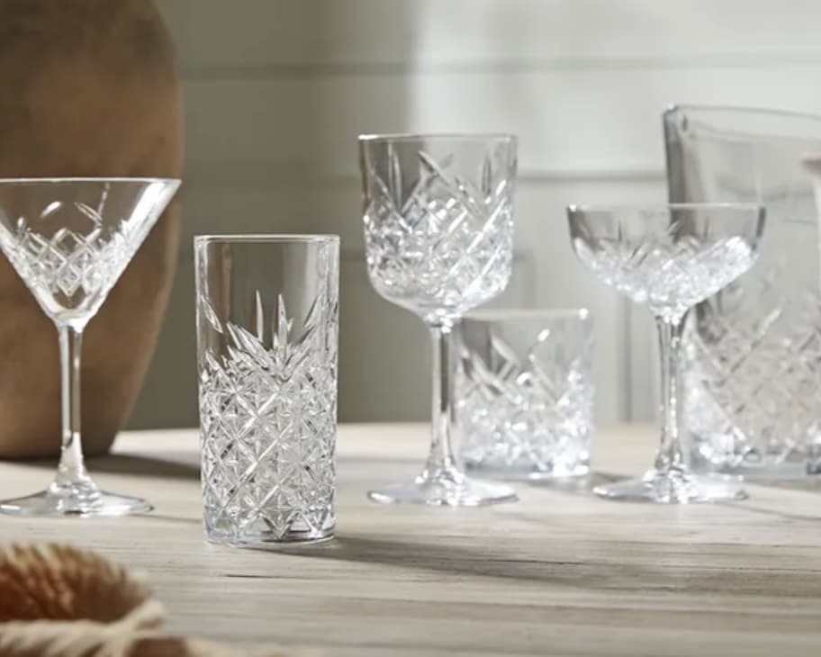 Vintage-style cut glass coupes and wine glasses