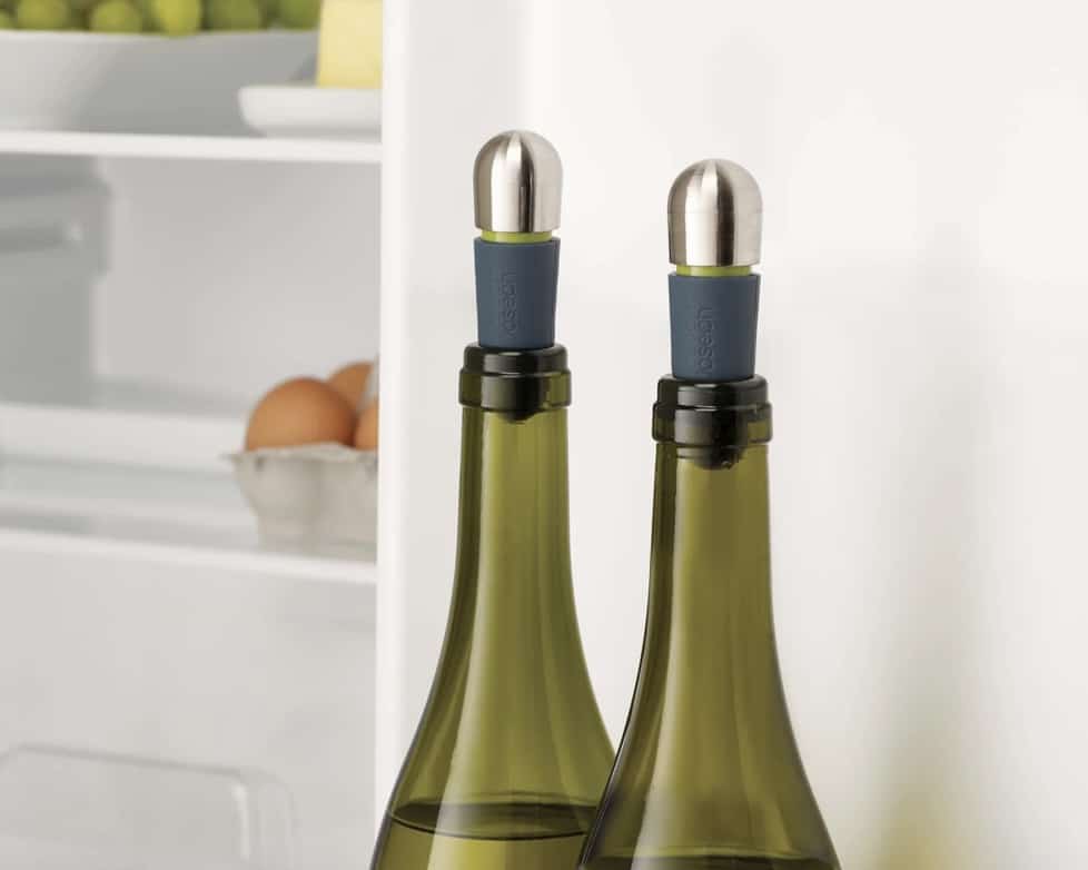 Joseph Joseph BarWise twist-lock wine stoppers in opened bottles