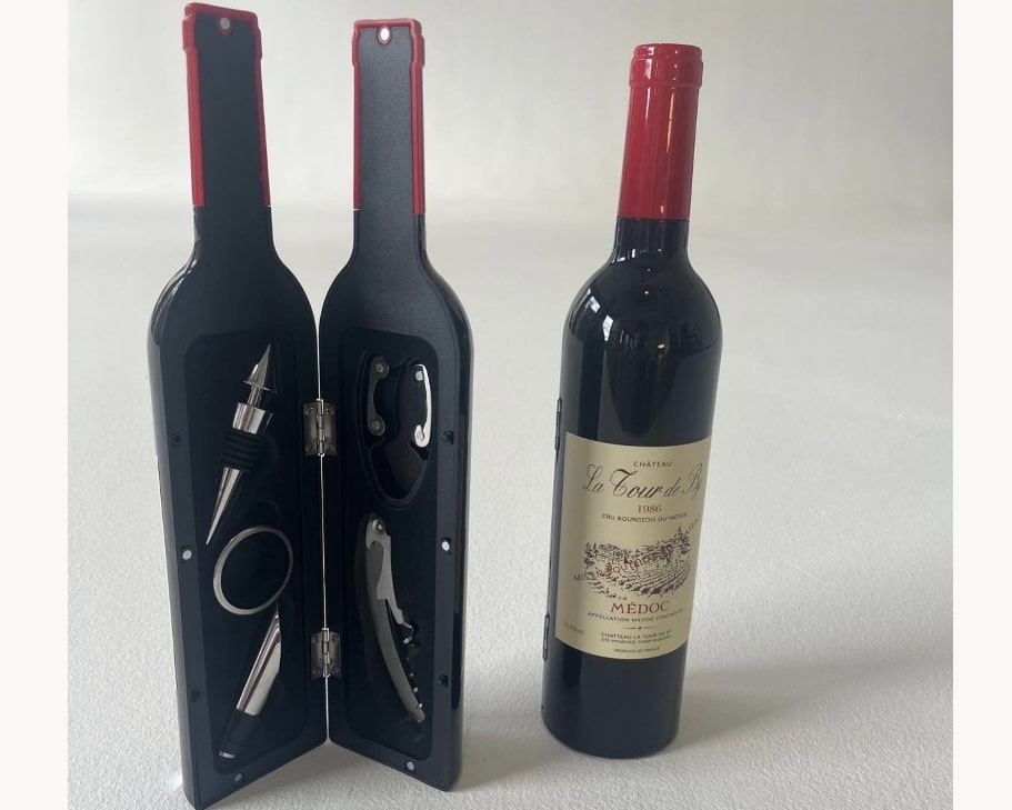 Bottle-shaped wine accessory set opened to show tools