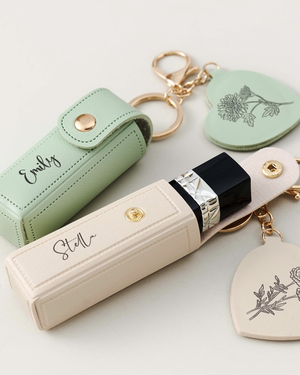 Birth flower lipstick keychain case with mirror