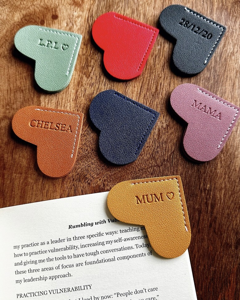 Vegan leather heart-shaped corner bookmarks personalised