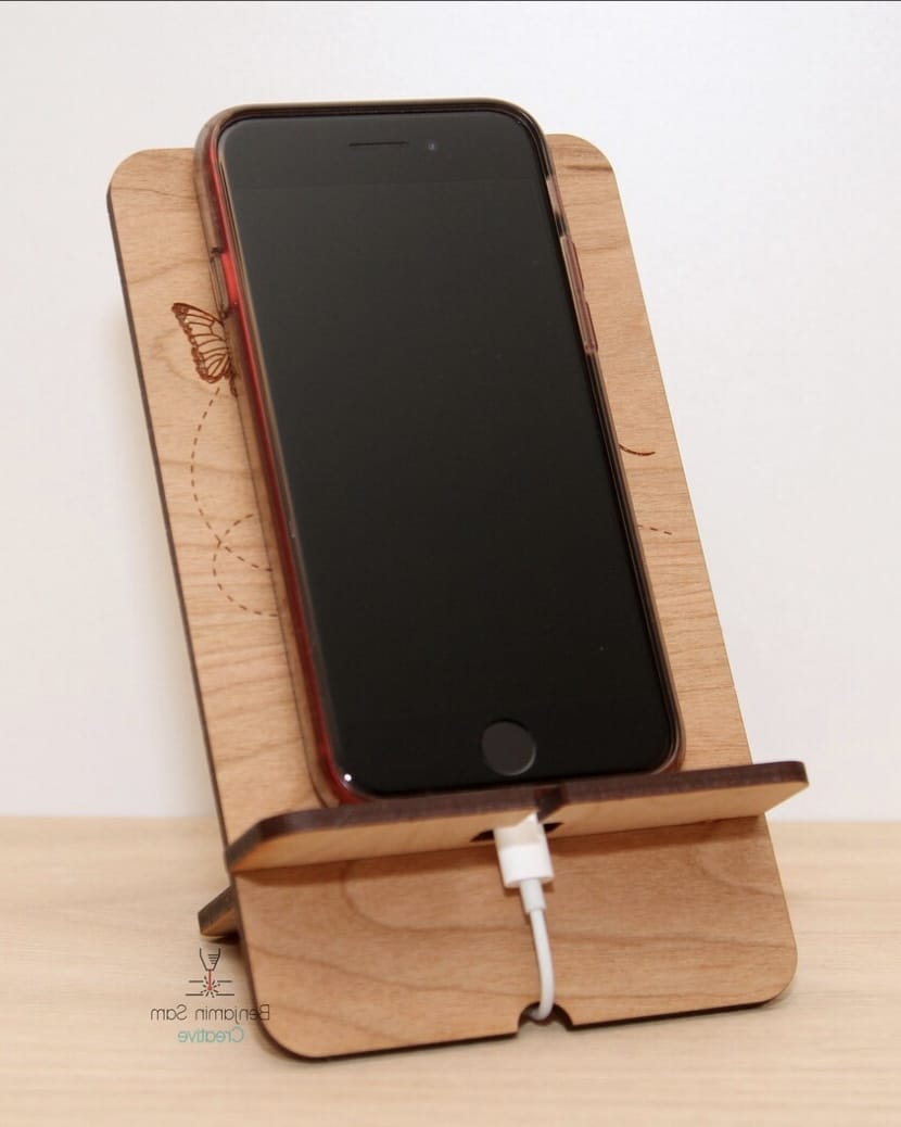 Engraved wooden phone stand with initial
