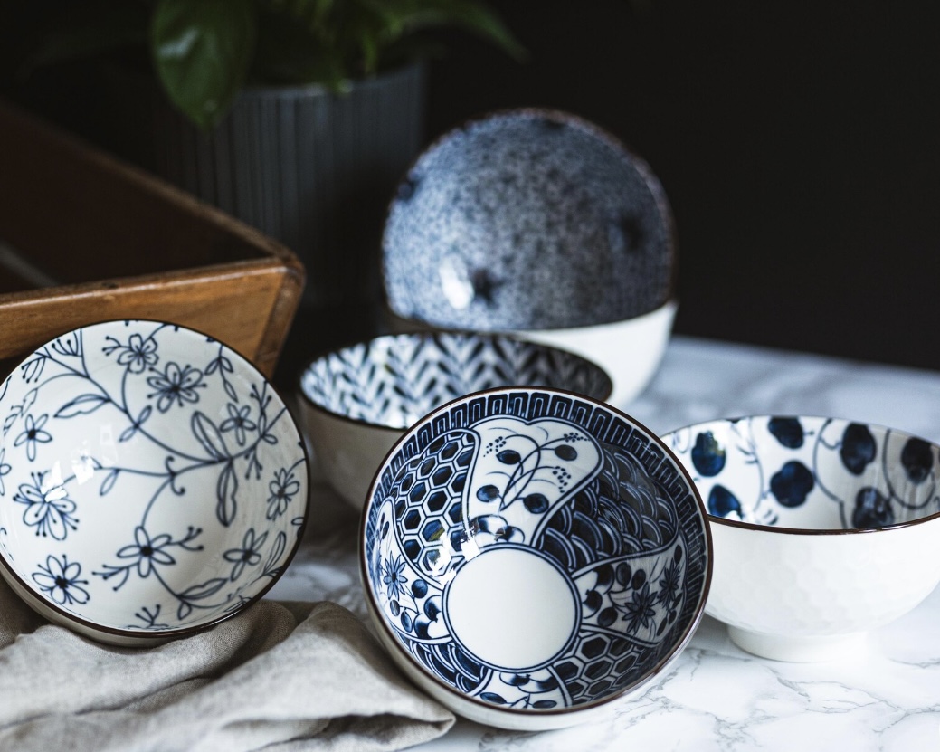 Set of blue and white Japanese style rice bowls