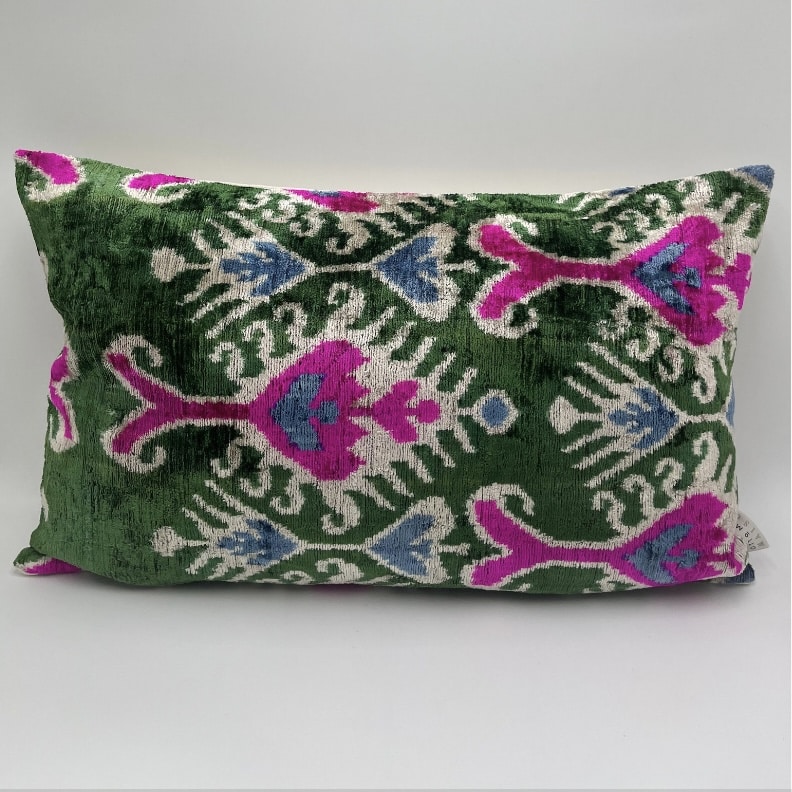 Pink and green velvet ikat lumbar cushion by OttomanMaison