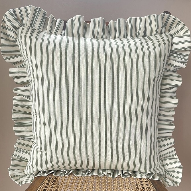 Green ticking striped ruffle cushion by KerrisdaleHome