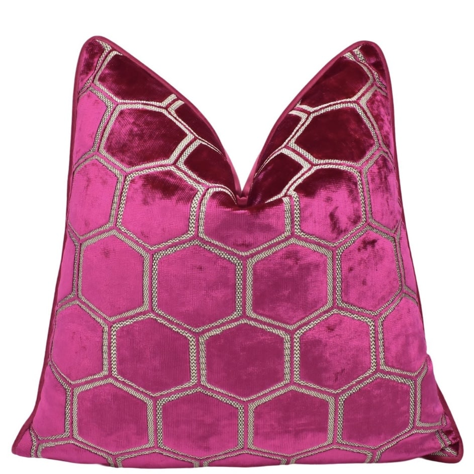 Designers Guild fuchsia Manipur hexagon velvet cushion by MayEvelyneInteriors