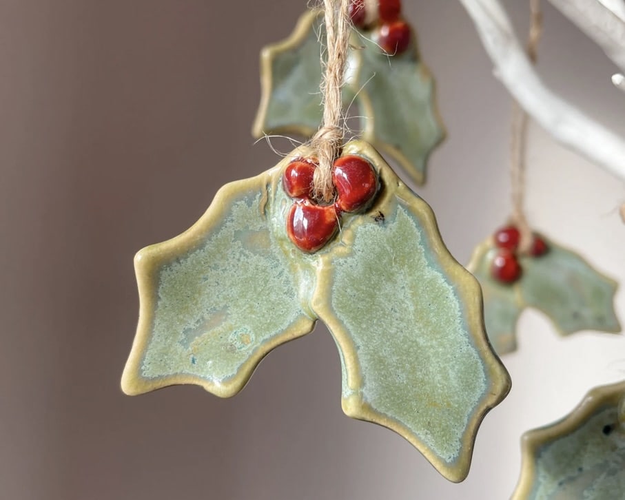 Ceramic Holly Ornaments Christmas tree decorations
