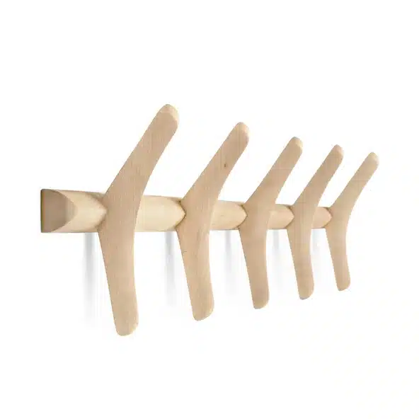 Ethnicraft solid oak wall hooks — sculptural wooden peg rail for small bedroom storage
