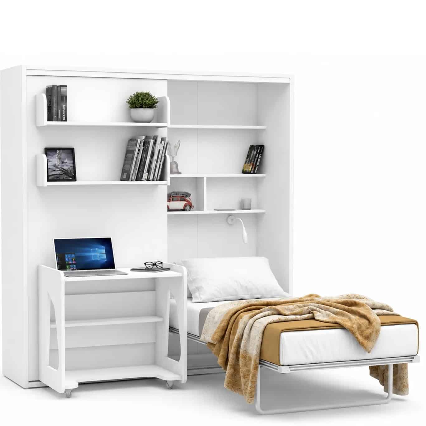 Diva Studio 5 Wall Bed System from Wallbeds.co.uk — fold-down single wall bed with integrated shelving and desk in matt white