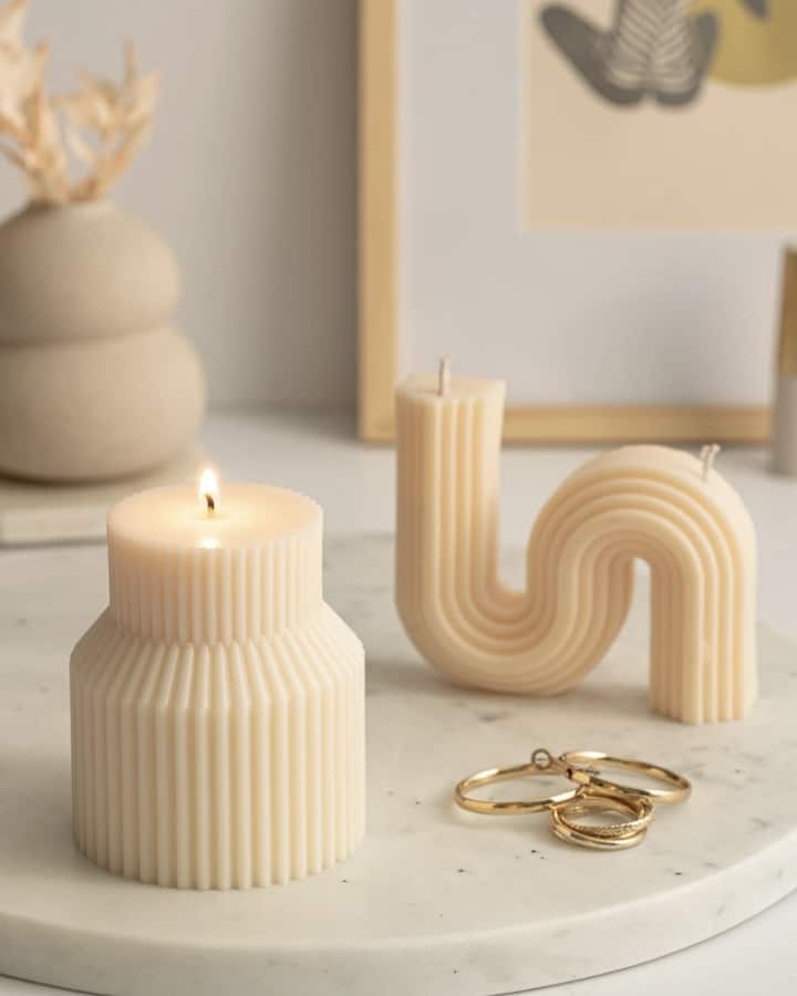 Ribbed neutral candle on a tray with soft beige styling