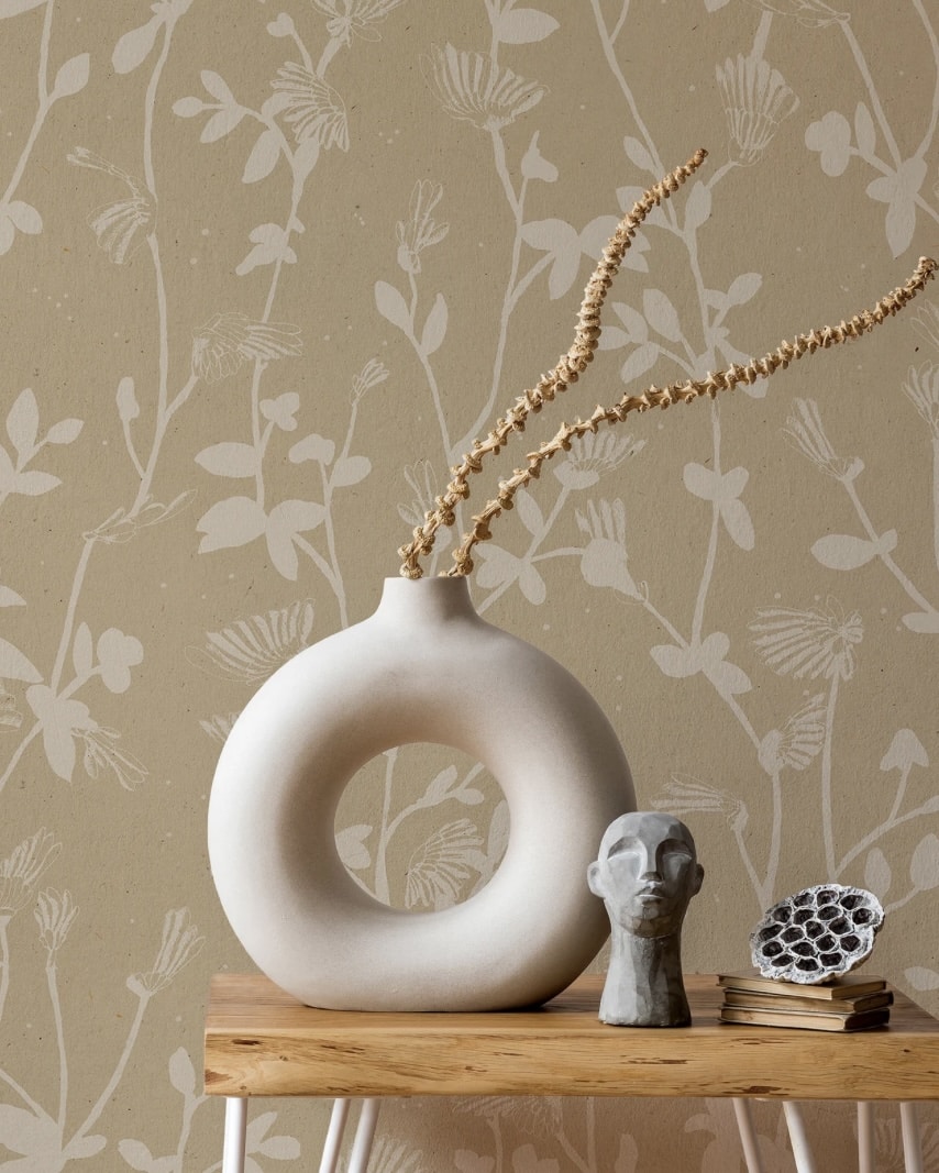 Beige botanical wallpaper with delicate leafy pattern
