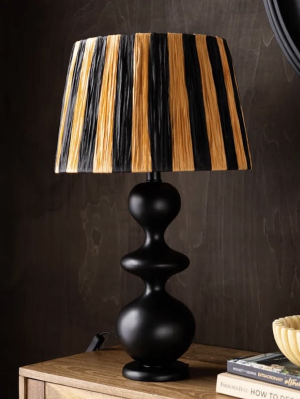 Black table lamp with raffia black and natural stripe lampshade