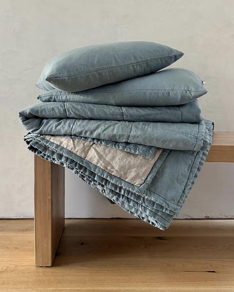 PruDesign Miller 100% linen quilt in duck egg blue