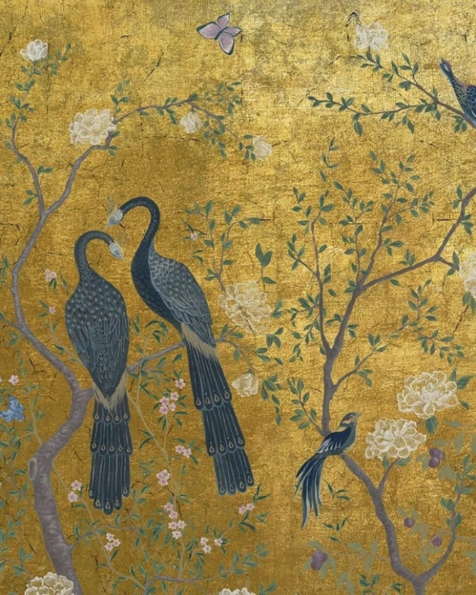 Gold chinoiserie Edo mural wallpaper panel with blue peacocks and blossom