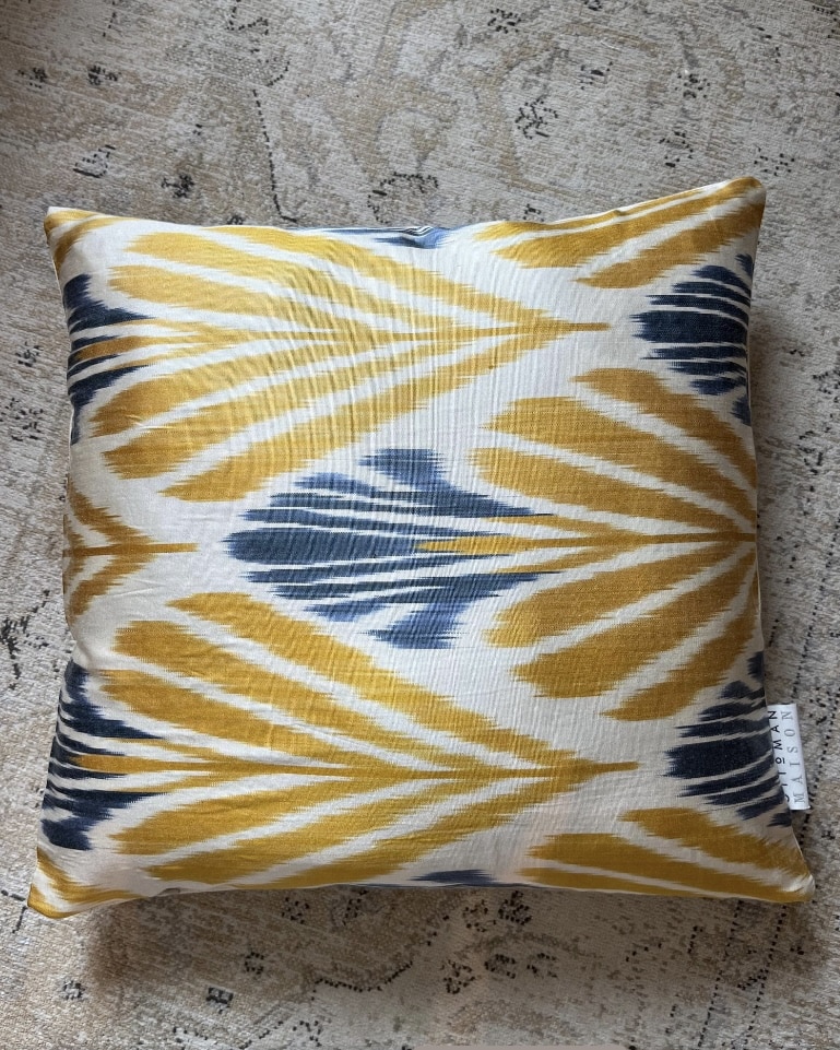 Yellow and blue silk ikat cushion