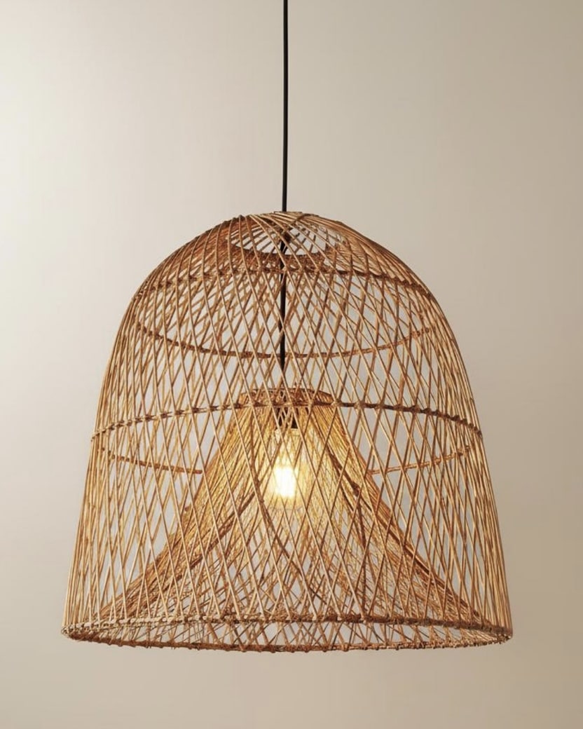 Japanese lantern-shaped rattan pendant light with a warm honey tone.