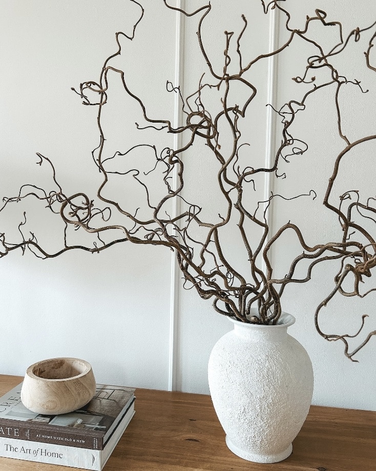 Dried corylus branches arranged in a vase for sculptural height.