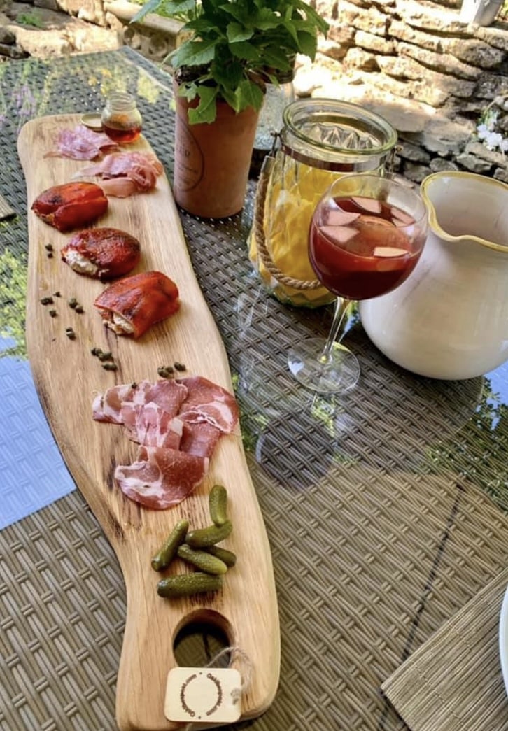 Extra-long bespoke oak grazing platter with charcuterie and drinks on a garden table – OakiBespokiShop on Etsy