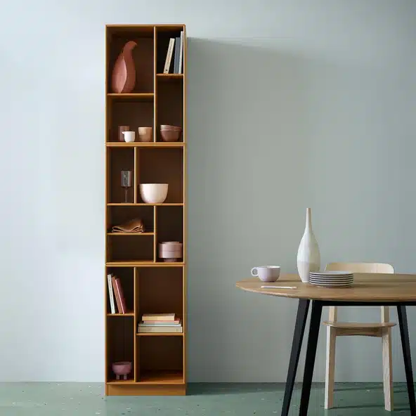Montana Loom Slim bookcase in Iris, a space-saving designer bookcase for small homes and modern designer bookcases UK styling