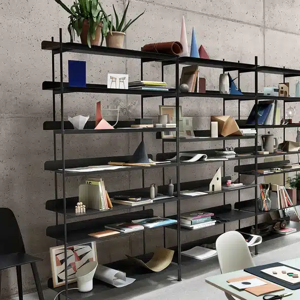 Muuto Compile shelving system in black, a modern designer bookcase ideal as a designer office bookcase or open-plan shelving