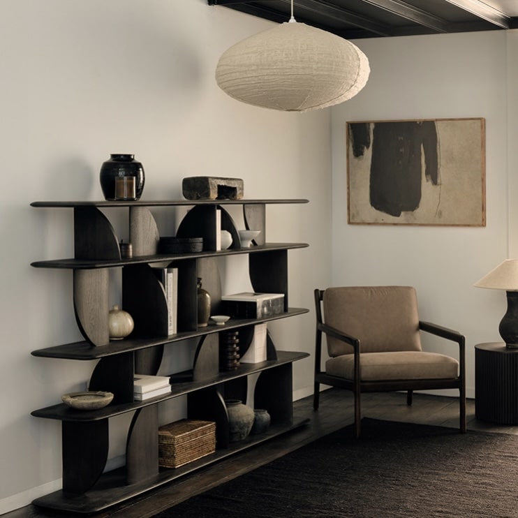 Ethnicraft Geometric dark wood designer bookcase with sculptural open shelving, a modern designer bookcase for living rooms