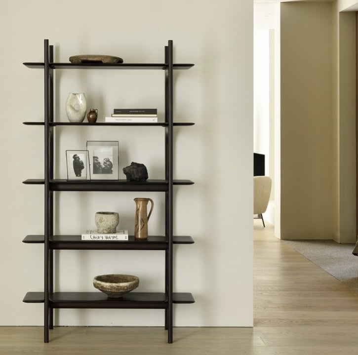 Ethnicraft PI mahogany designer bookcase in warm dark wood, a timeless designer bookcase for dining rooms and studies