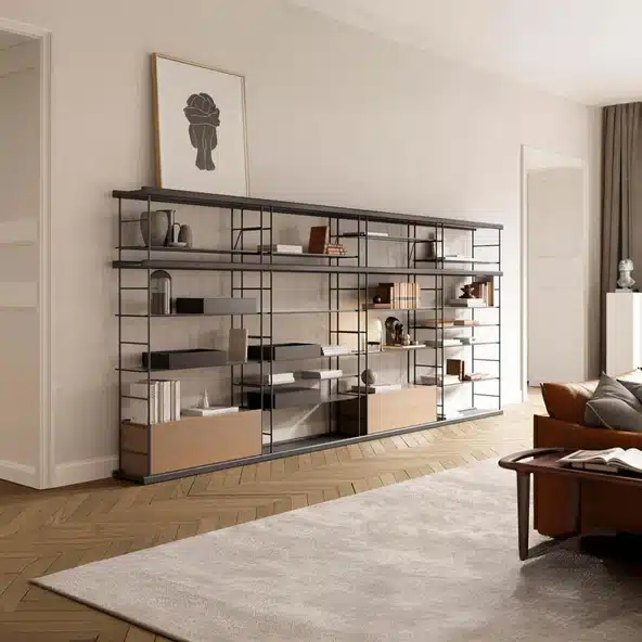 Treku Bost shelving unit in walnut and black, an architectural designer bookcase for modern designer bookcases UK interiors