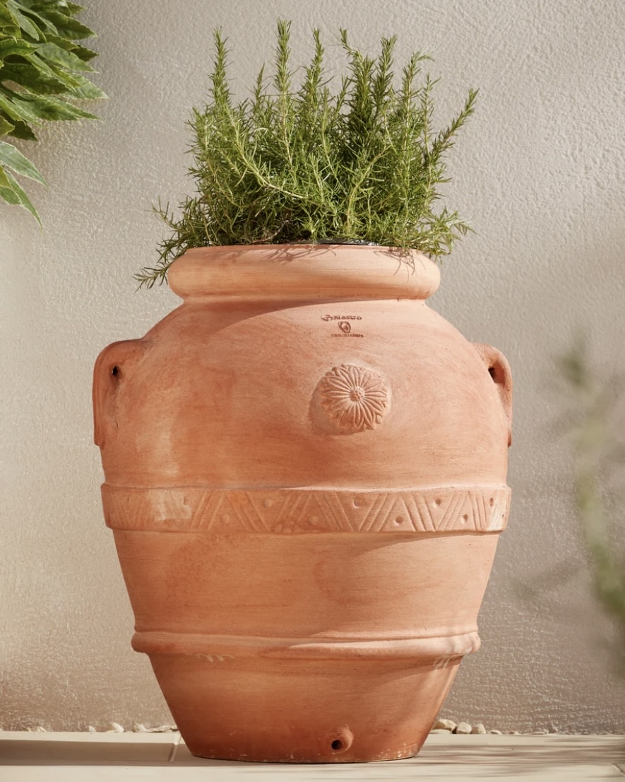 Front garden ideas with gravel and pots – terracotta statement plant pot