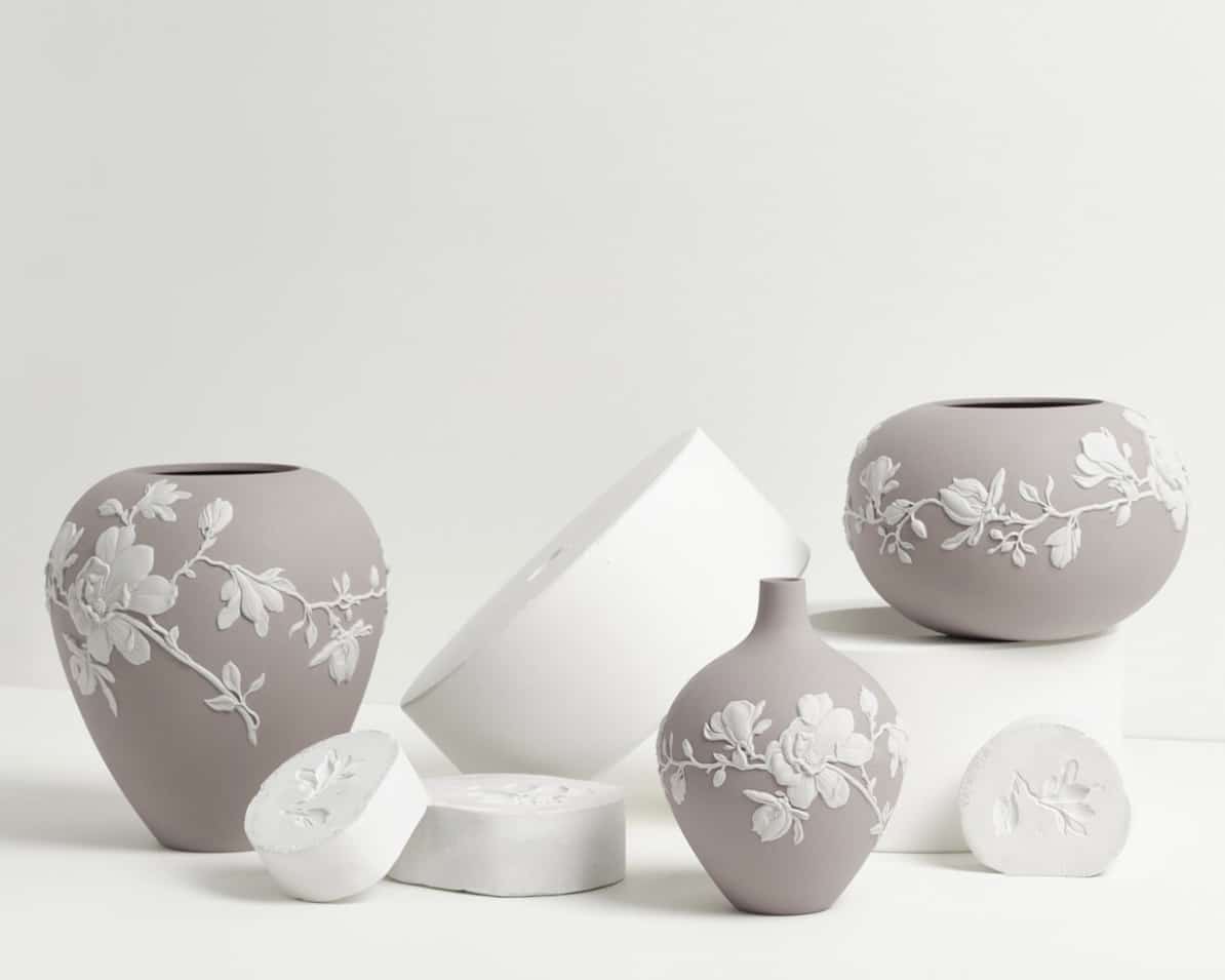 Wedgwood Magnolia Blossom bud vase in mink with white relief blossoms